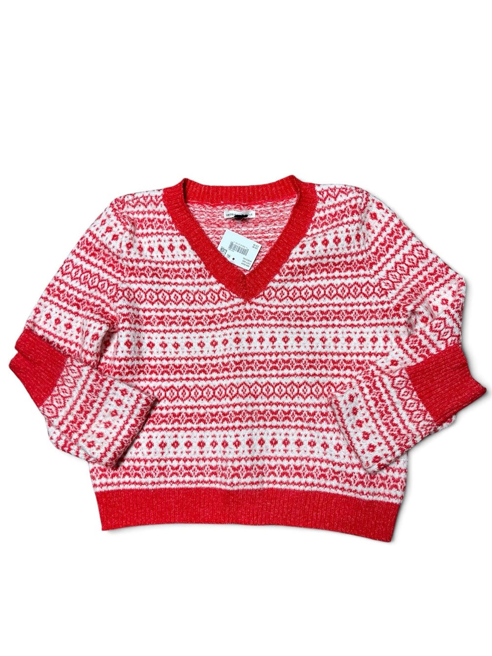 American Eagle Outfitters Red and White V-Neck Fair Isle Sweater
